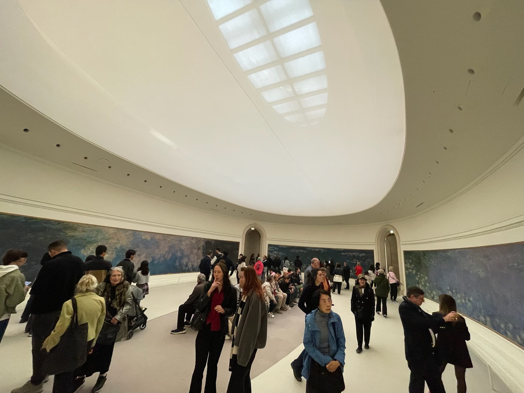 A wide photo of one of the rooms composing Monet's Water Lilies mural in the Musée de l'Orangerie. Photo taken by Rachel.